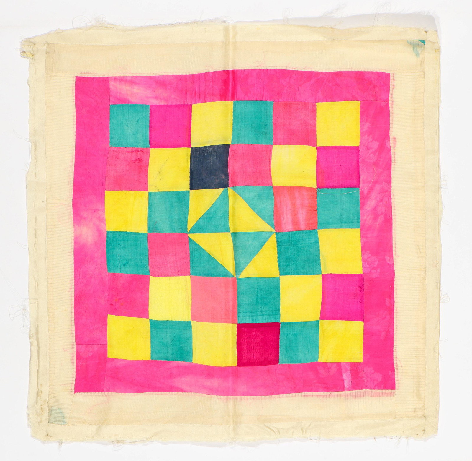 Korean Pojagi Patchwork Textile: Korean Pojagi, silk, backed. Size: 21.25'' x 21.75'', 54 x 55 cm (textile); 28'' x 28'', 71 x 71 cm (base).