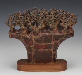 Satoru Abe (Japanese/American. b. 1926): Satoru Abe (Japanese/American. b. 1926) "Moon in the Trees," 1988, mixed metal weldment on wood base, signed. Size: 16'' x 23'' x 11'' (41 x 58 x 28 cm); Height on Stand: 18" (46 cm).