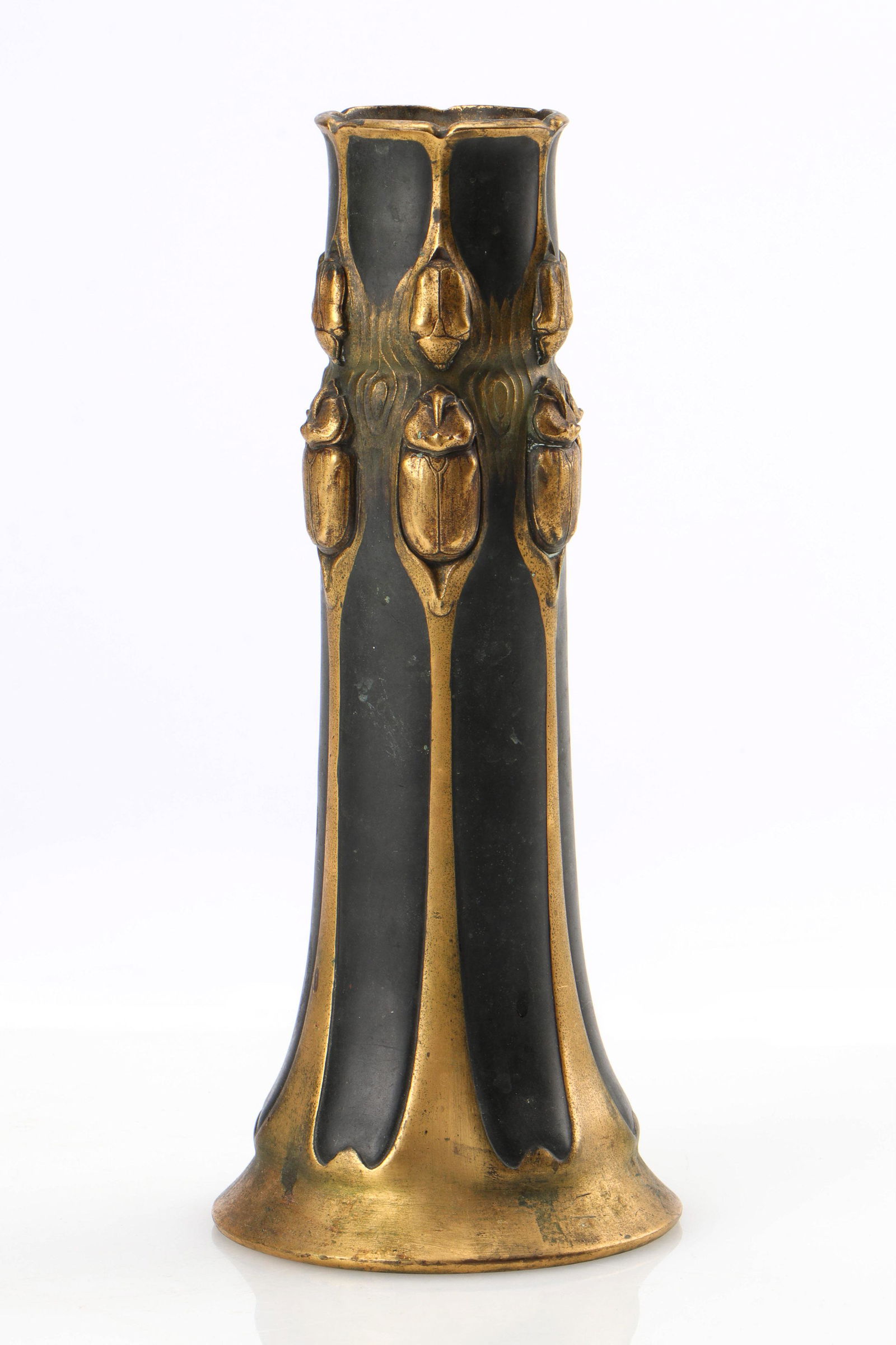 Christofle Bronze Scarab Vase, France, ca 1920: Christofle Bronze Scarab Vase, France, ca 1920; Gilt and patinated bronze; stamped CHRISTOFLE with hallmark and number: 229988. Size: 12'' x 5'' x 5'' (30 x 13 x 13 cm).