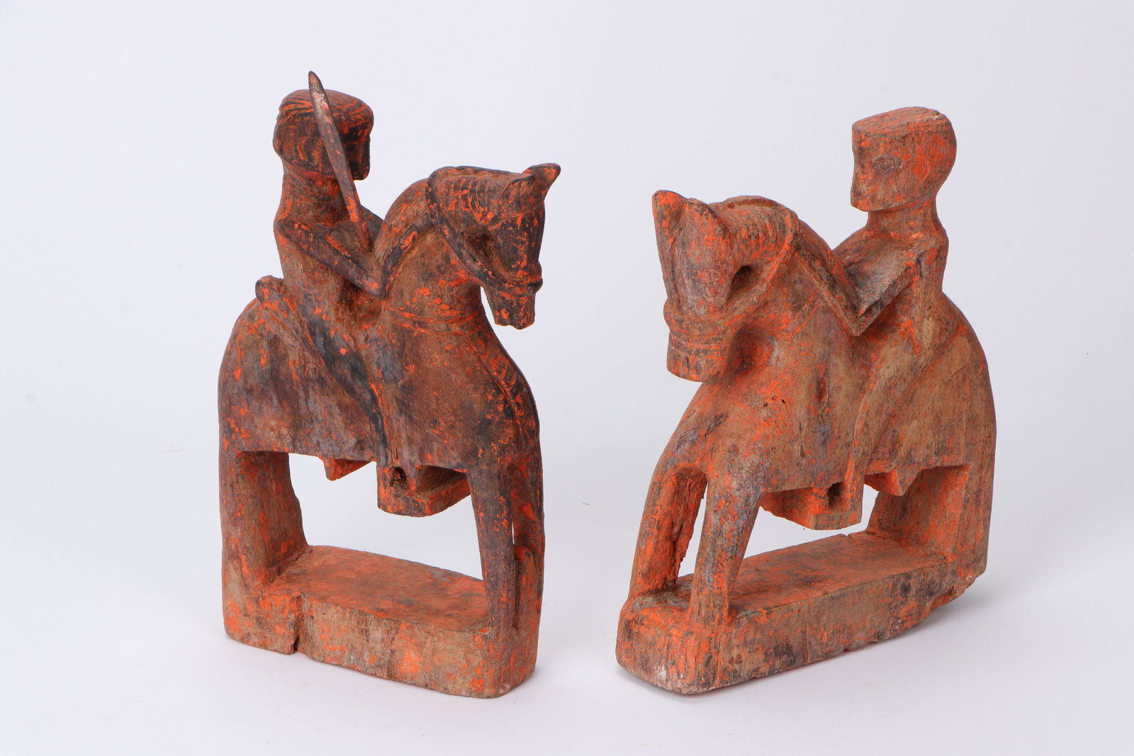 Two Indian Carved Wood Equestrian Temple Figures, (1 of 7)