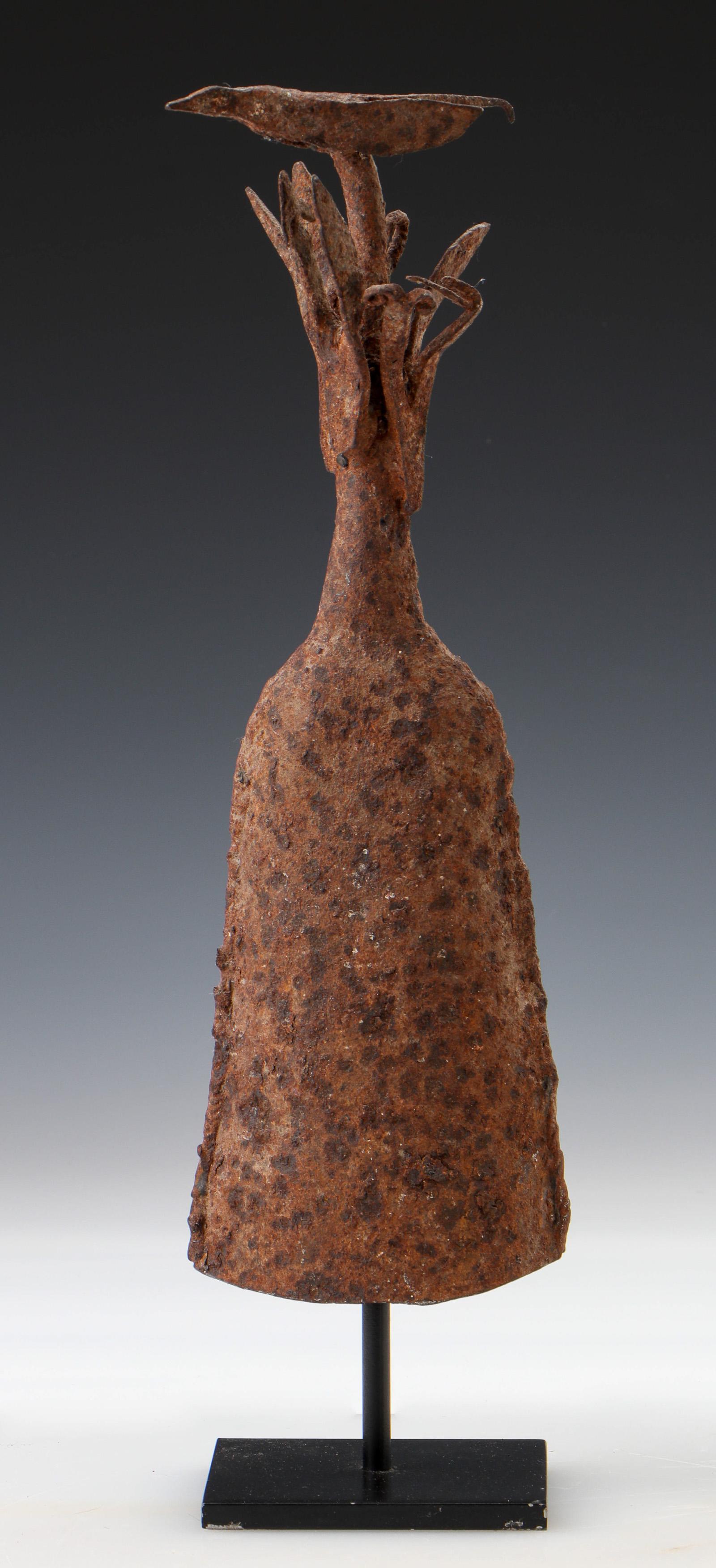Antique African Yoruba Diviner's Bell or Gong, Nigeria: Antique African Yoruba Diviner's Bell or Gong, Nigeria. Iron, On stand. Size: 15.5'' x 5'' x 2.5'' (39 x 13 x 6 cm) Height on Stand: 19" (48 cm). Ex. Cathryn Cootner Estate Collection, Sonoma, CA.