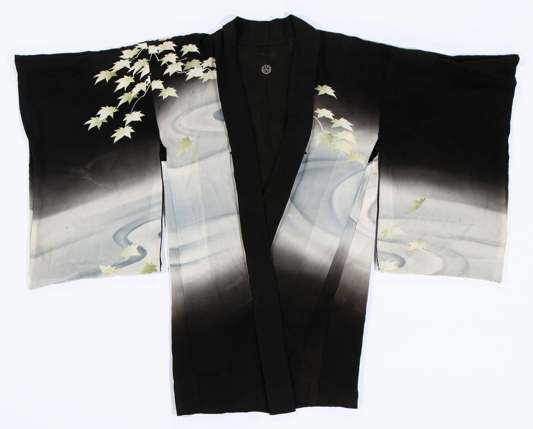 Japanese Silk Kimono, Mid 20th Century: Japanese Silk Kimono, Mid 20th Century. With maple leaf and koi design. Size: 38'' x 46'' (97 x 117 cm). Ex. Cathryn Cootner Estate Collection, Sonoma, CA.