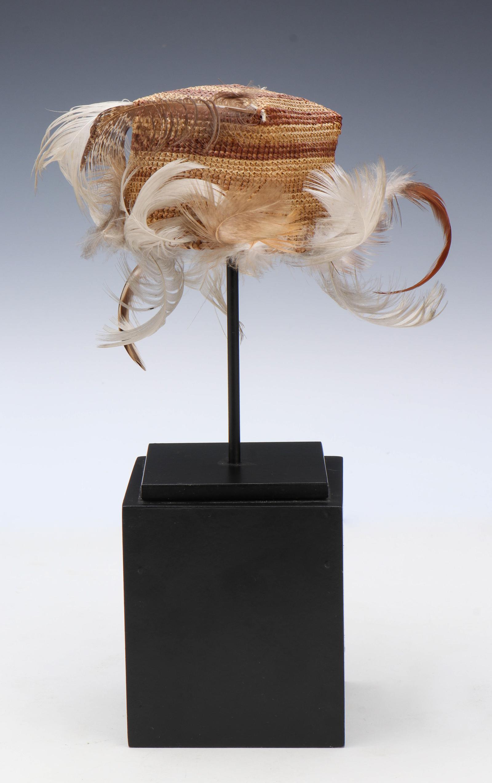 Miniature Finely Woven Basket Adorned with Feathers (1 of 3)