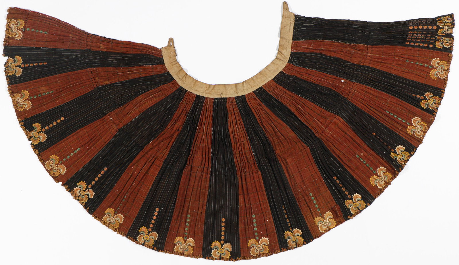 Miao Embroidered Pleated Skirt, China, 19th C.: Miao Embroidered Pleated Skirt, China, 19th C. Loosely pleated, open wrap skirt with a wide waistband, vertical panels of striped and checked cotton tabby in alternating panels, embroidery at hem area