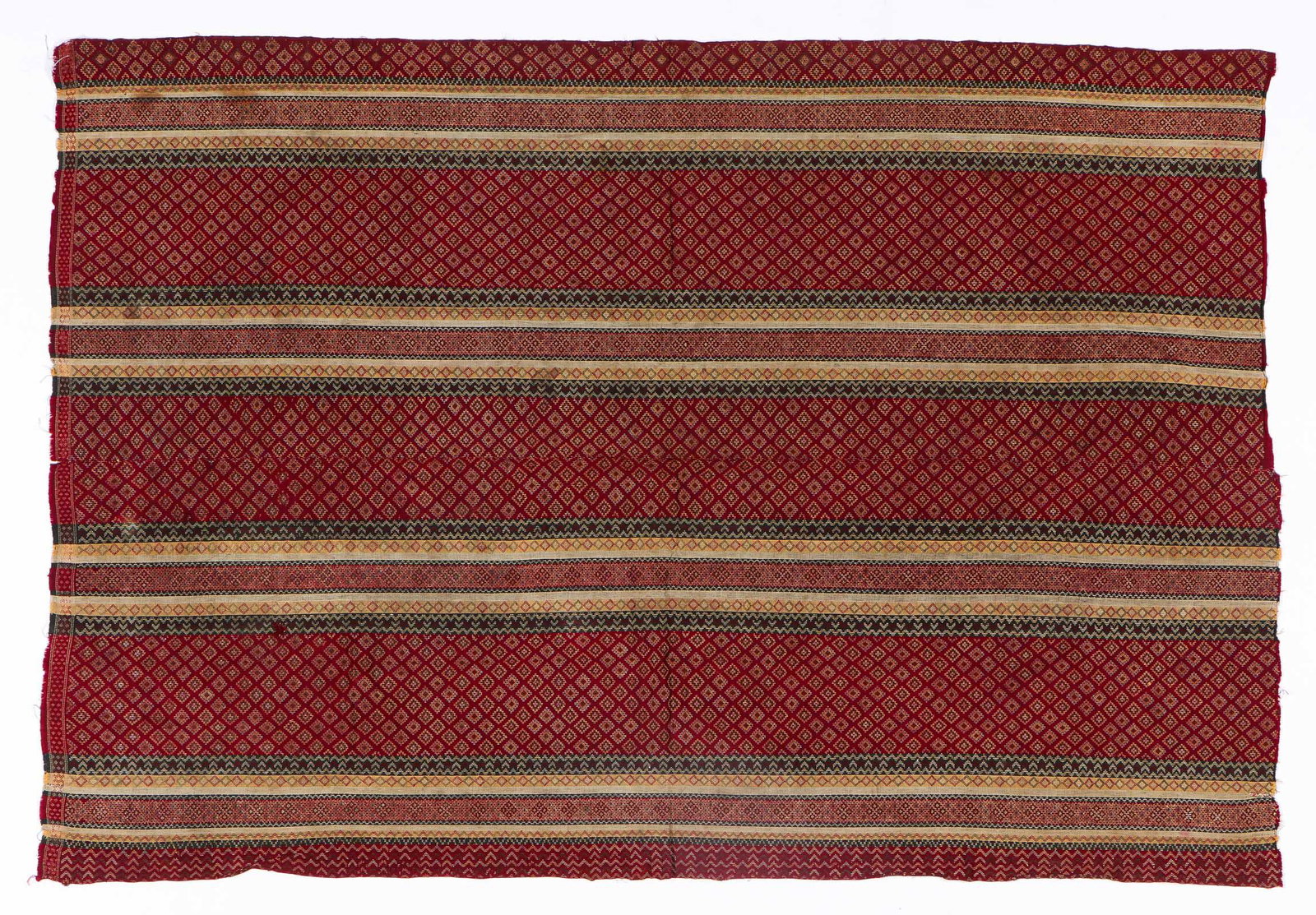 Northern Chin Skirt Cloth, Burma, Zotung People,Early: Northern Chin Skirt Cloth, Burma, Early 20th C. Skirt cloth called "hnital" of mixed cotton and silk, a warp-faced tabby ground with supplementary weft inlay. Matupi area field tag, Zotung people. Siz