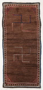 Double Swastika Khaden Rug, Tibet, Late 19th C., 2'3'': Double Swastika Khaden Rug, Tibet, Late 19th C., 2'3'' x 5'0'' (69 x 152 cm). Weight: 7 lbs. Wool.