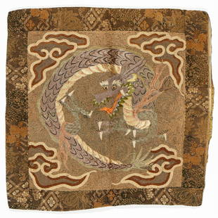 Antique Japanese Embroidered Dragon Textile: Antique Japanese Embroidered Dragon Textile. With Silk Brocade Trim Attached Border. Cotton and silk.Size: 21'' x 22'' (53 x 56 cm). Private California collection.