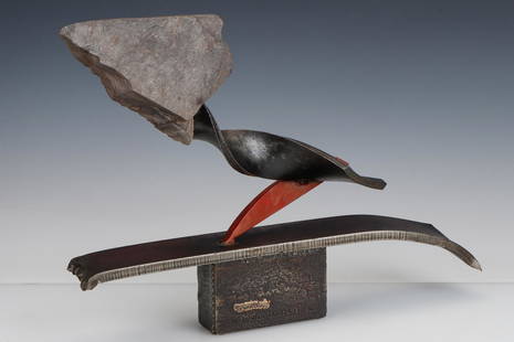 John Van Alstine (American, B. 1952) "Augur Falls Landscape," 2015: John Van Alstine (American, B. 1952) "Augur Falls Landscape," 2015, industrial abstract sculpture in metal and stone, stamped with signature, title and date. Provenance: Isabella Garrucho Fine Art. Si