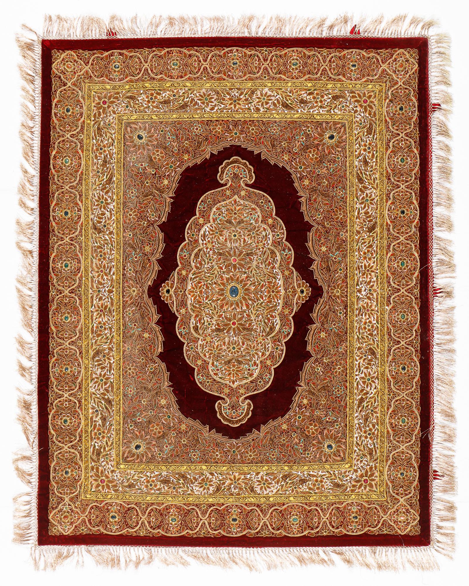 Fine Vintage Kashmir Zardozi Jeweled Tapestry: Fine Vintage Kashmir Zardozi Jeweled Tapestry, India. Silk, gold thread, and semi precious stones. Size: 56'' x 37'', (142 x 94 cm). Property from the Jim and Kit Horne Collection.