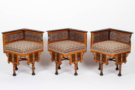 Set of 3 Antique Syrian Bone and Mother-of Pearl Inlaid and Parcel Ebonized Chairs: Set of 3 Antique Syrian Mother-of Pearl Inlaid and Parcel Ebonized Chairs. Size: Each 26'' x 17.5'' x 17.5'' (66 x 44 x 44 cm).