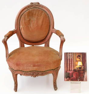 Greta Garbo's Louis XV/XVI Fauteuil en Cabriolet, 3rd Quarter 18th C., Ex. Sotheby's, Nov. 15, 1990,: Greta Garbo's Louis XV/XVI Fauteuil en Cabriolet. 3rd Quarter 18th C. From The Greta Garbo Collection sold at Sotheby's, November 15, 1990, Lot 176. Along with two hardcover copies of the sale catalog