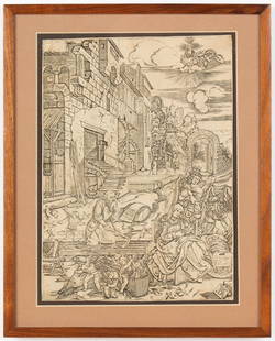 Albrecht Durer (German, 1471-1528): Albrecht Durer (German, 1471-1528) "The Sojourn of The Holy Family in Egypt," from The Life of the Virgin, woodcut. Framed. Size: 11.5'' x 8.25'', 29 x 21 cm (sheet); 14.5'' x 11.5'', 37 x 29 cm