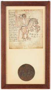 Coptic Illuminated Manuscript Page and Medal, Ethiopia: Coptic Illuminated Manuscript Page and Medal, Ethiopia Size: 4.5'' x 4'', 11 x 10 cm (sight); 2'' x 2'', 5 x 5 cm (medal); 10'' x 6'', 25 x 15 cm (frame).