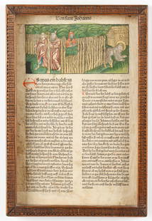 Koberger Illuminated Bible Page, C. 1483: Koberger Illuminated Bible Page, C. 1483. Size:3.25'' x 8'', 34 x 20 cm (sight); 14.25'' x 10'', 36 x 25 cm (frame).