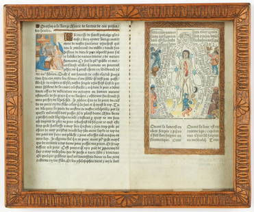 3 Medieval Ecclesiastical Illuminated Manuscript Pages: 3 Medieval Ecclesiastical Illuminated Manuscript Pages. Together in double sided frame, two on one side, the third on the other. Size: 7.75'' x 4.5'', 20 x 11 cm (sheets); 9'' x 10.5'', 23 x 27 cm