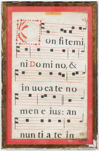 Medieval Music Manuscript Page: Medieval Music Manuscript Page. Framed. Size: 18'' x 10.75'', 46 x 27 cm (sight); 21'' x 13.75'', 53 x 35 cm (frame).