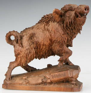 Black Forest Carved Wood Wild Boar, Germany, C.1900.: Black Forest Carved Wood Wild Boar, Germany, C.1900. Size:: 11'' x 11'' x 5'' (28 x 28 x 13 cm).