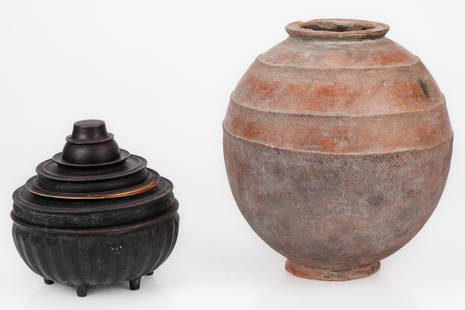 Antique Burmese Black Lacquer "Hsun-ok" and a Large African Terracotta Vessel: Antique Burmese Black Lacquer "Hsun-ok" Lidded Ceremonial Food Offering Bowl and a Large African Terracotta Vessel. Size: 1) 14'' x 15'' x 14'' (36 x 38 x 36 cm); 2) 22'' x 18'' x 18'' (56 x 46 x 46