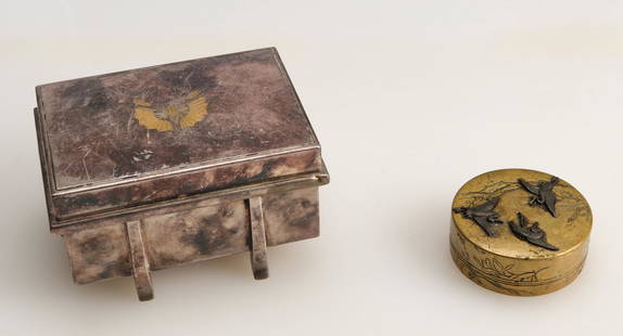 Mitsukoshi Silver and Gilt Decorated Box: Mitsukoshi Silver and Gilt Decorated Box, signed, weight 14.3 ozt. Together with a small circular bronze box. Sizes: 1) 2.5'' x 4.5'' x 3.25'' (6 x 11 x 8 cm); 2) 1'' x 2.25'' x 2.25'' (3 x 6 x 6 cm).