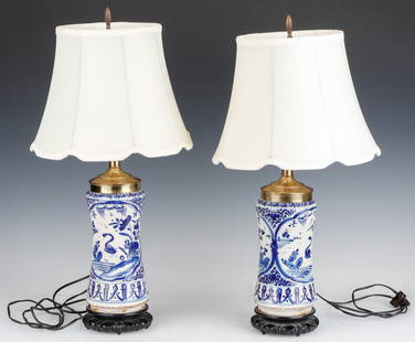 Two 18th C. Mexican Apothecary Jars (Albarelli): Two 18th C. Mexican Apothecary Jars (Albarelli). Tin glazed earthenware with cobalt decoration. Now electrified as lamps. For near identical example now located at the Davis Museum at Wellesley Colleg