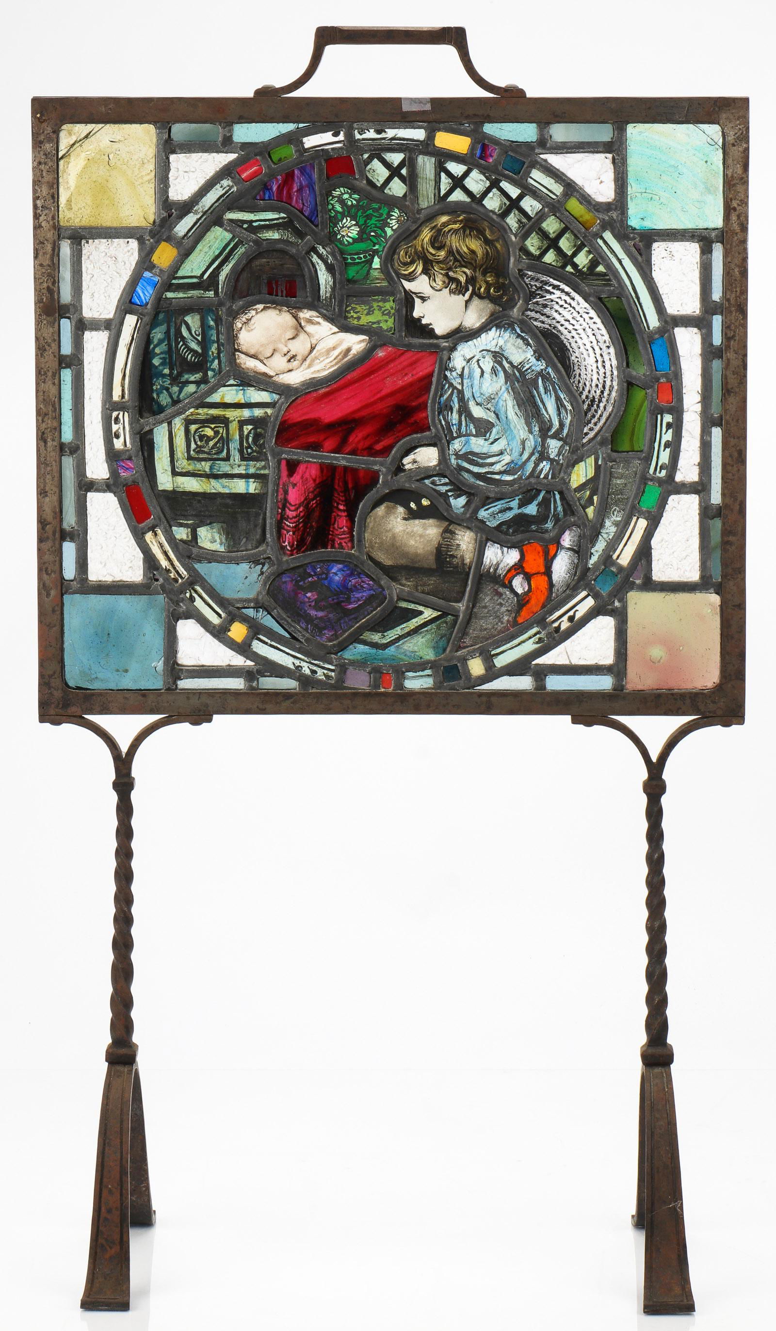 Antique Swiss Steel and Stained Glass Fire Screen (1 of 4)