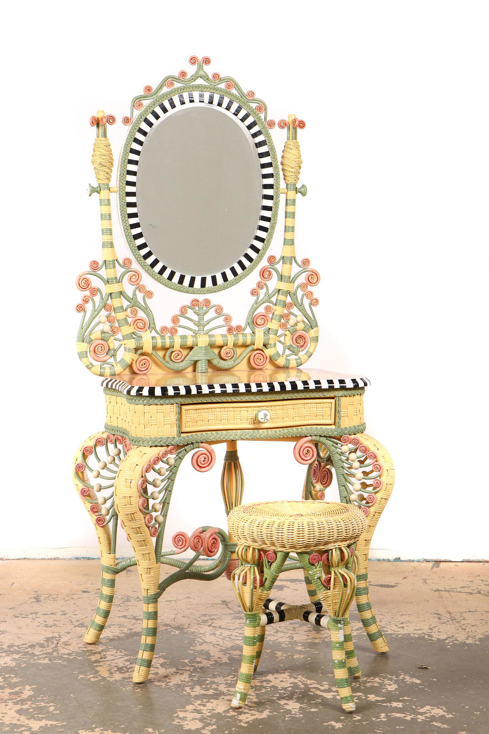 MacKenzie-Childs Style Wicker Vanity and Stool (1 of 10)