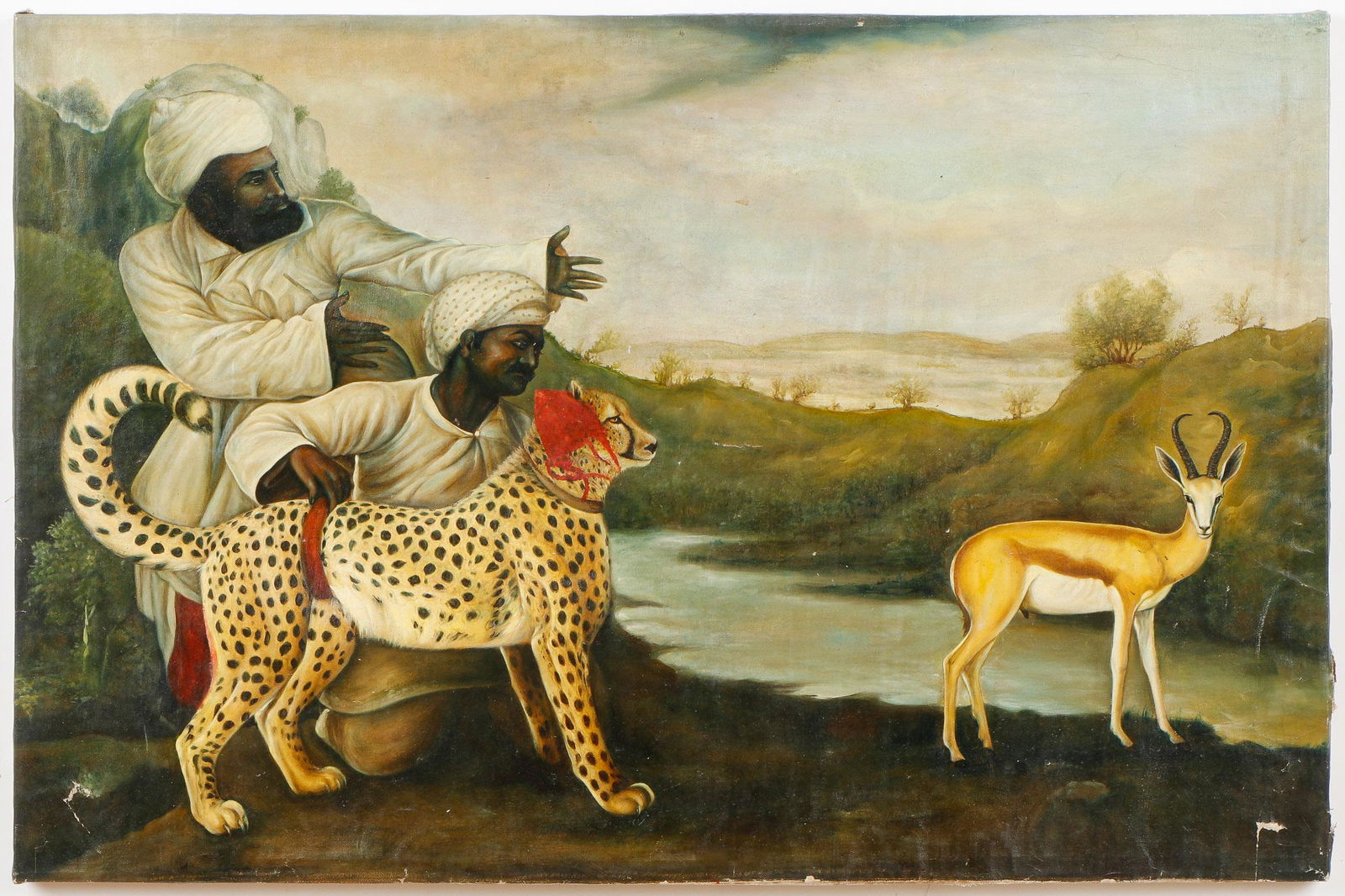 After George Stubbs (English, 1724-1806): After George Stubbs (English, 1724-1806) "A Cheetah and a Stag with Two Indian Attendants," oil on canvas. Size: 23.25'' x 35.25'', 59 x 90 cm (stretcher).