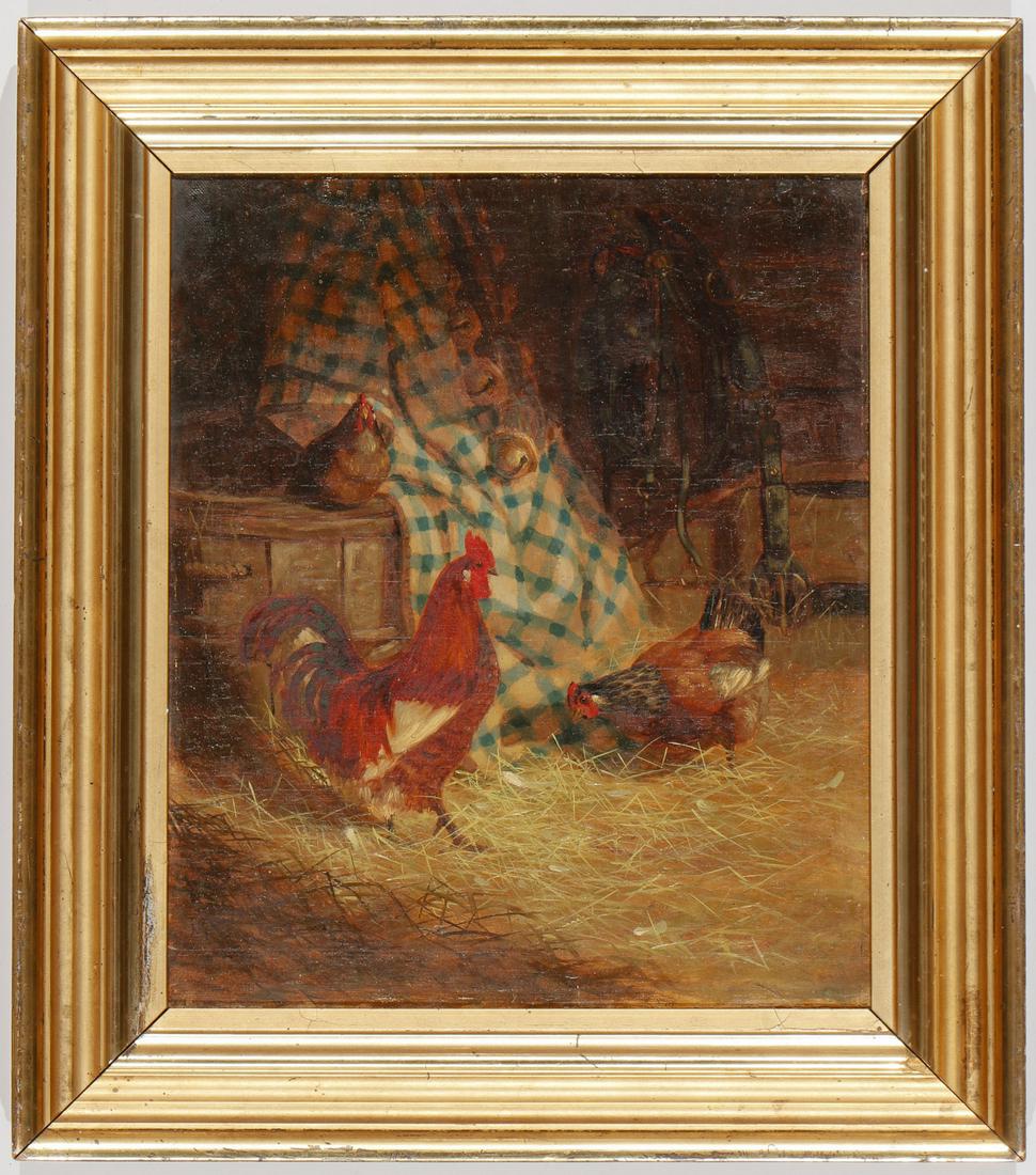 Marcus Waterman (American, 1834-1914): Marcus Waterman (American, 1834-1914) "Chickens in the Barn," 1859, oil on canvas, signed and dated. Size: 13.75'' x 11.5'', 35 x 29 cm (sight); 18'' x 16'', 46 x 41 cm (frame).