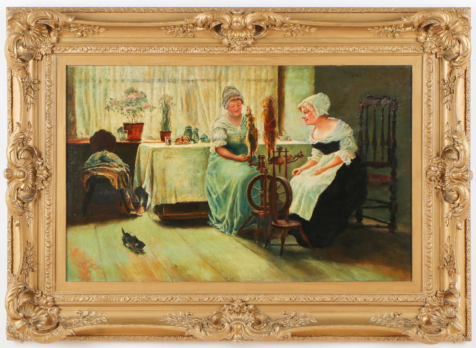 After Carl von Marr (American/German, 1858-1936): After Carl von Marr (American/German, 1858-1936) "The Gossips," oil on canvas, verso inscribed: "The Gossips by L. F. Beales d'apres Carl Marr 1916." Framed. Size: 22'' x 35'', 56 x 89 cm (stretcher);