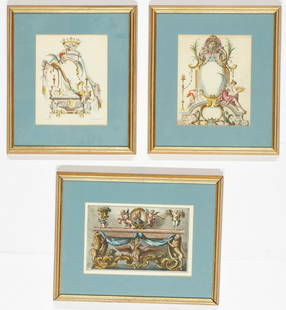 Three 18th-C. French Hand-Colored Engravings: Three 18th-C. French Hand-Colored Engravings. Including: 1) Charles Nicolas Cochin the Younger (French, 1715-1790), Design from "Cartouches Nouvellement Inventez"; 2) Bernard Turreau (French, 1672�