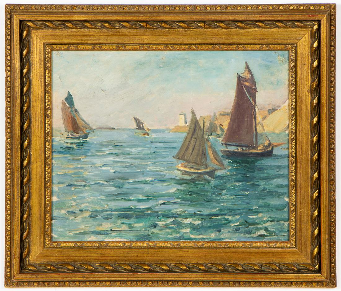 Marcel L'Enfant (French, 1884-1963): Marcel L'Enfant (French, 1884-1963) Untitled (Sailboats), oil on board, signed. Framed. Size: 13'' x 16'', 33 x 41 cm (board); 18.25'' x 21.25'', 46 x 54 cm (frame).