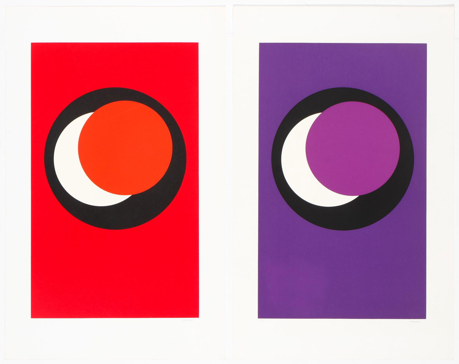 Genevieve Claisse (French, 1935â€“2018): Genevieve Claisse (French, 1935â€“2018) 2 works. "Circles" 1978, Violet/Magenta, from an editin of 100, Serigraph; and "Circles," 1978, Red/Red/Orange, from an edition of 100, Serigraph. Size: 31
