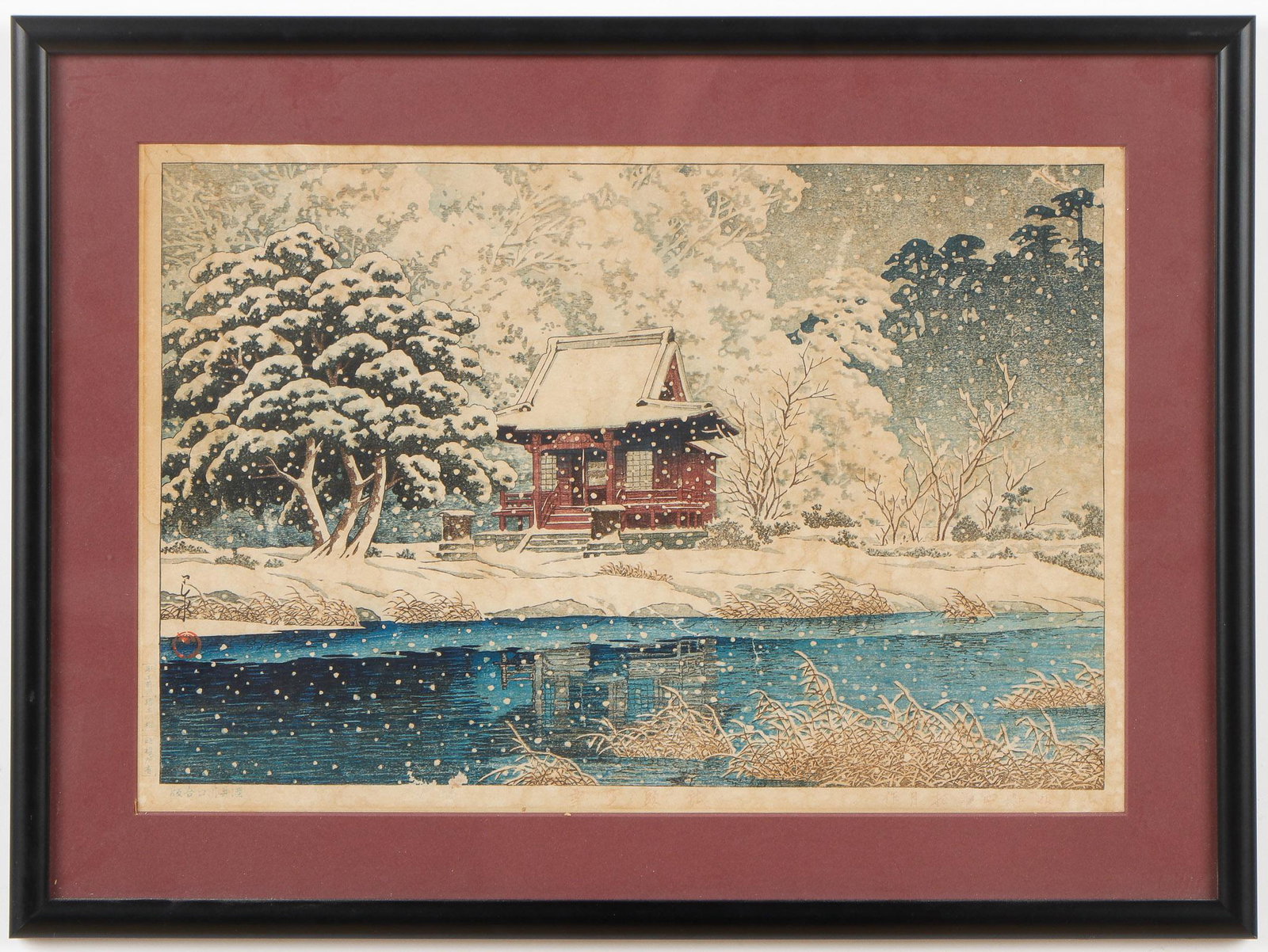 Hasui Kawase (Japan, 1883-1957): Hasui Kawase (Japan, 1883-1957) "Snow at Inokashira Benten Shrine Precinct (Shato no yuki)," woodblock print. Glued Down. Framed. Size: 10'' x 15'', 25 x 38 cm (sight); 14'' x 19'', 36 x 48 cm (frame)