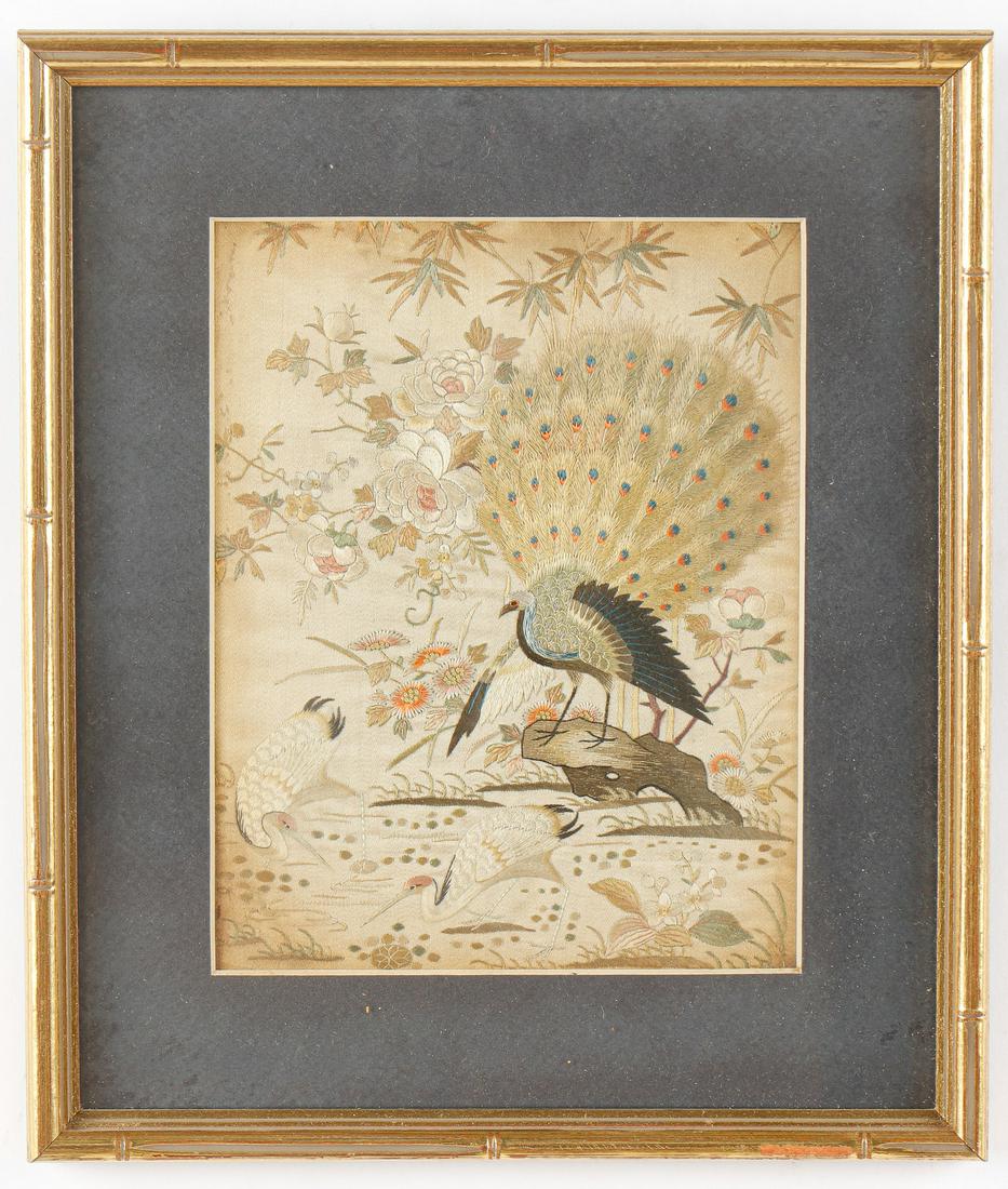 Chinese Silk Needlework Panel of a Peacock (1 of 2)