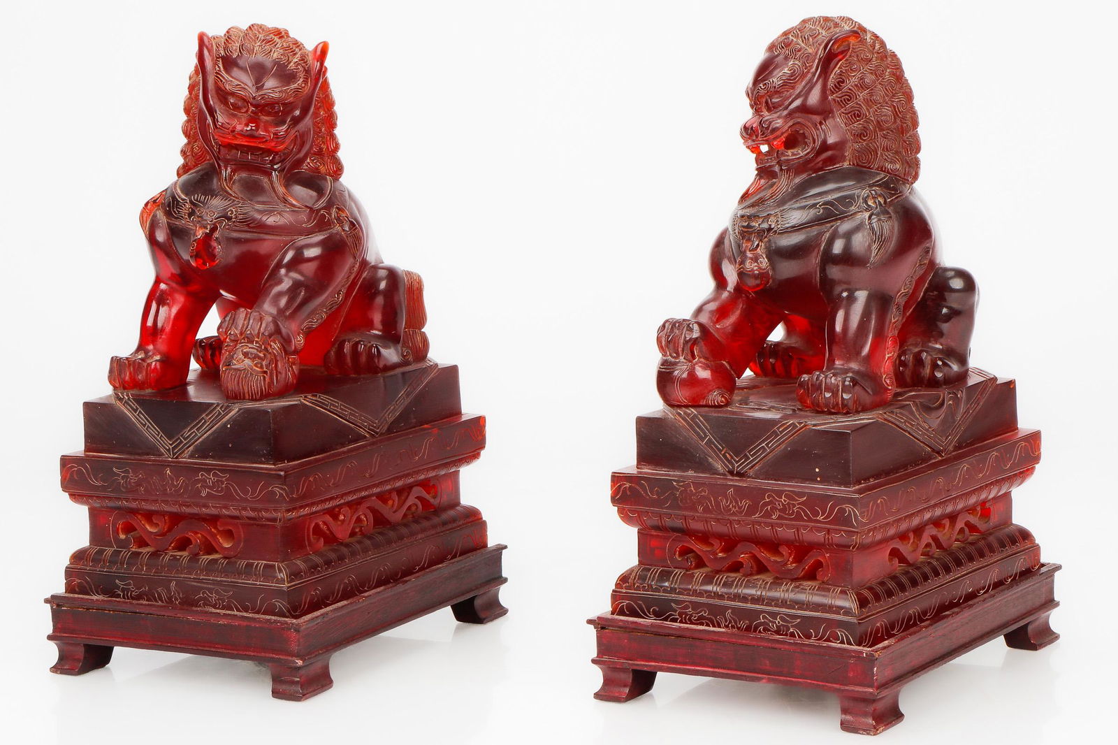 Large Pair of Vintage Chinese Cherry Amber Resin Foo Dogs (1 of 6)