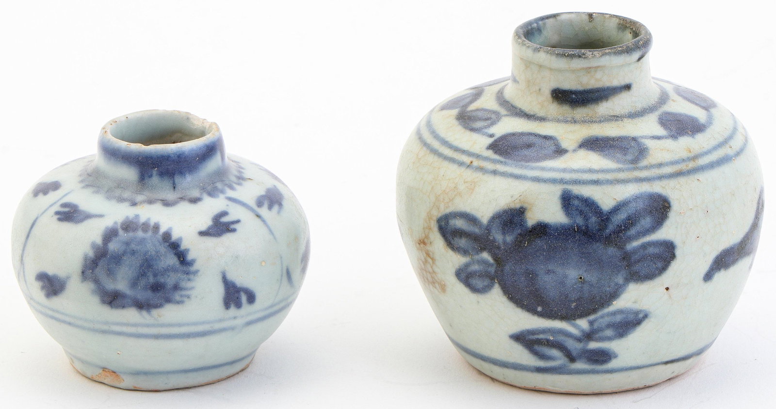 Two Chinese Swatow Blue and White Pots, Ming Dynasty: Two Chinese Swatow Blue and White Pots, Ming Dynasty. Provenance: Ex. Collection Nana and Tony Horton. Sizes: 1) 2.25'' x 3.75'' x 2.74'' (6 x 10 x 7 cm); 2) 3'' x 3.25'' x 3.25'' (8 x 8 x 8 cm).