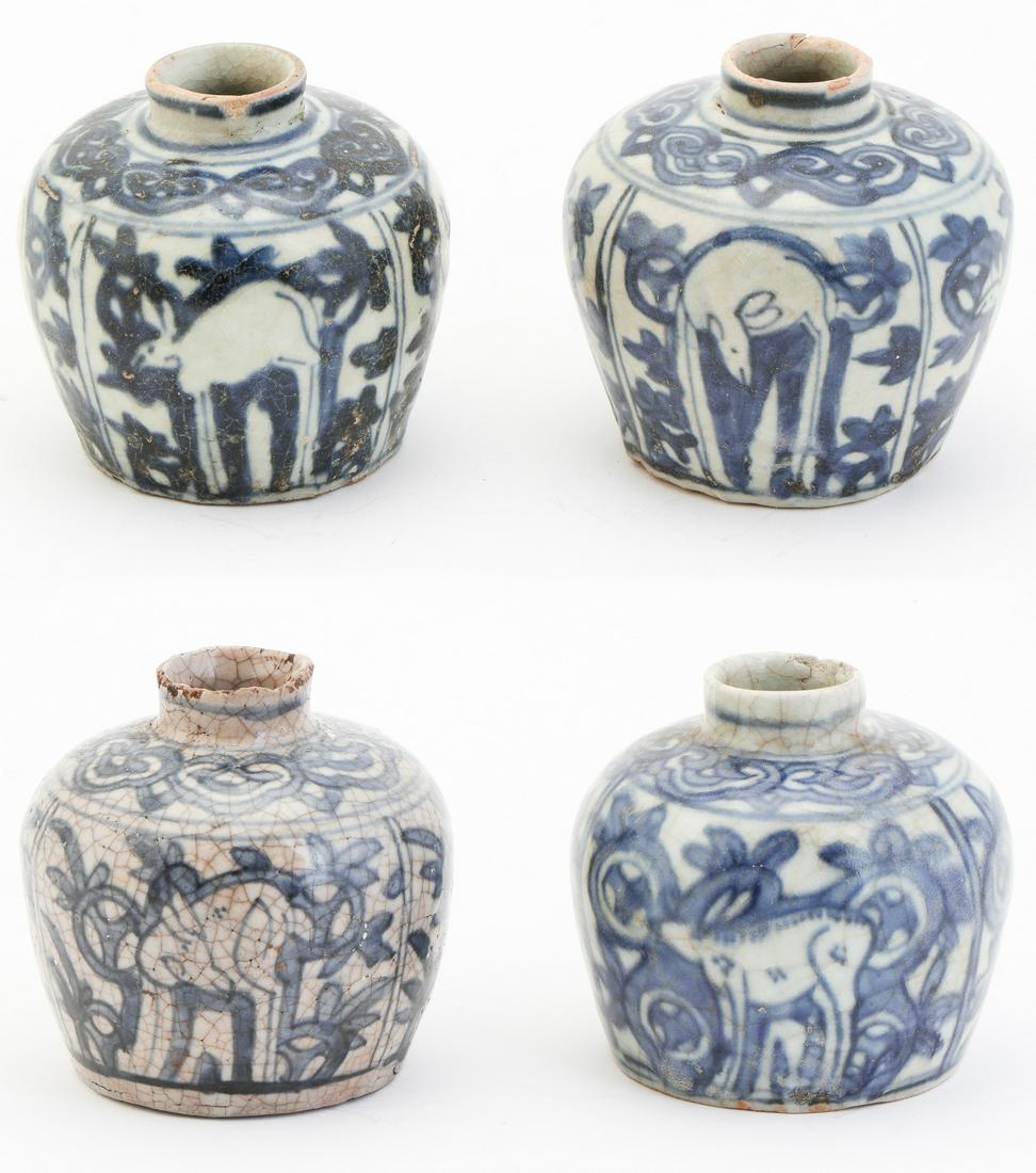 Four Chinese Swatow Blue and White Pots, Ming Dynasty: Four Chinese Swatow Blue and White Pots, Ming Dynasty. Each with animal decoration. Provenance: Ex. Collection Nana and Tony Horton. Size: 3.25'' x 3.5'' x 3.5'' (8 x 9 x 9 cm).