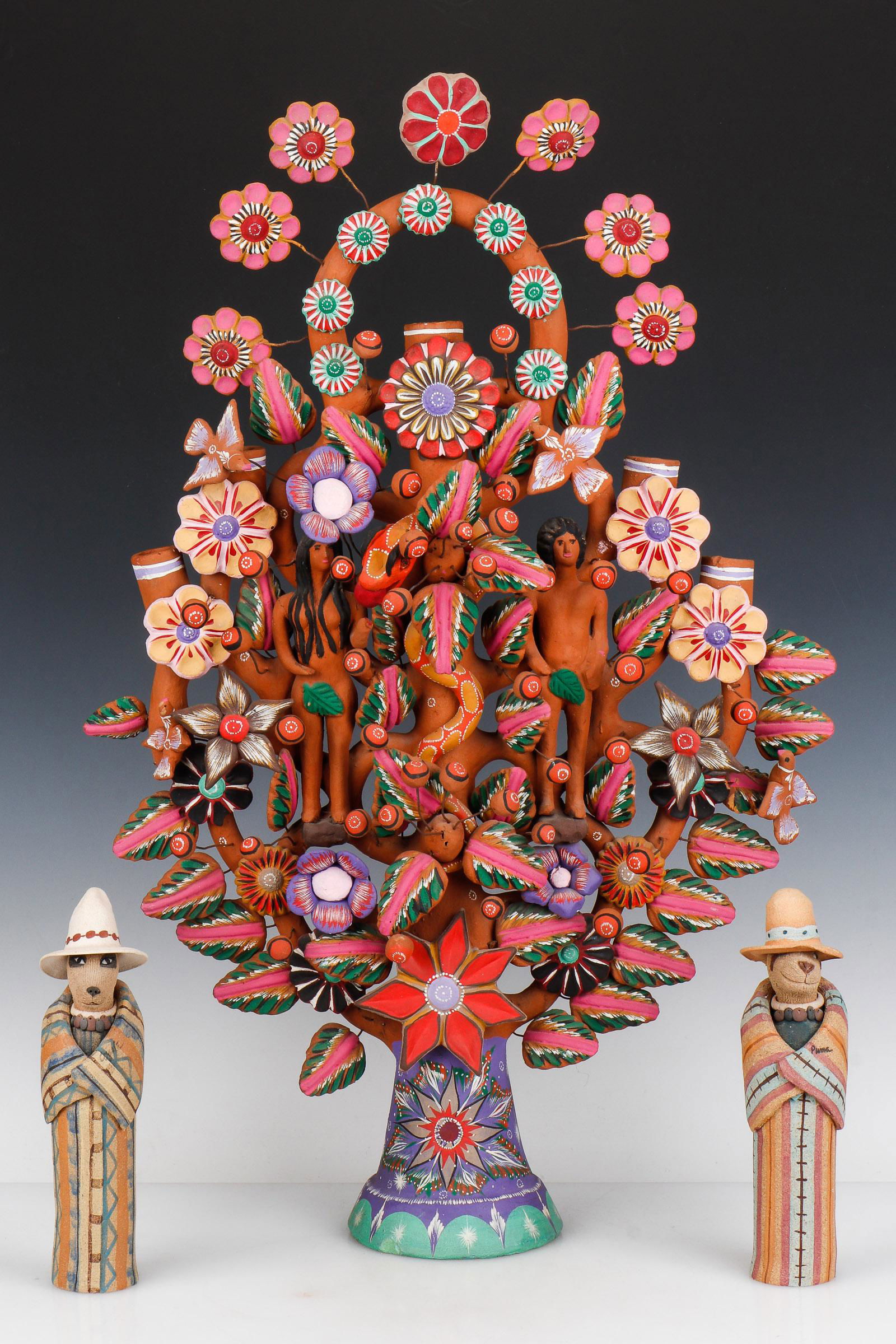 Mexican Folk Art Ceramic Tree of Life/Adam & Eve Candelabra (1 of 8)