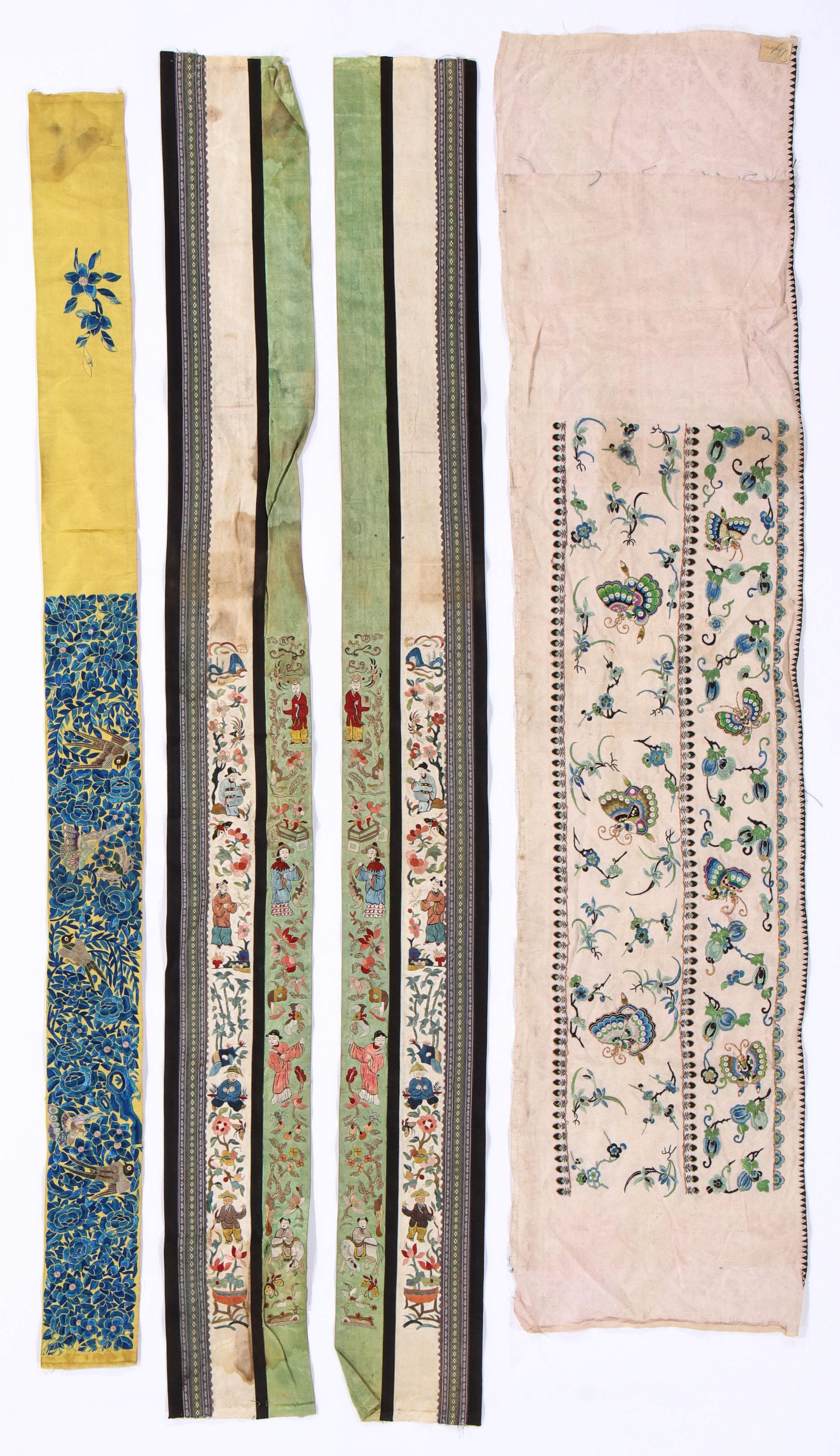 4 Chinese Silk Embroidered Sleeve Panels: 4 Chinese silk embroidered sleeve panels including a pair. Ranging in Size from: 40.5'' x 3'' (103 x 8 cm) to 43.5'' x 5'' (110 x 13 cm).
