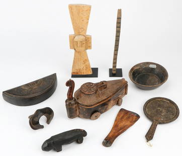 Collector's Lot of African and Indian Artifacts: Collector's Lot of African and Indian Artifacts. Including: Kuba box, miniature Dogon ladder, bowls, divination oracle bone, child's toy. Ranging in size from: 5'' x 6'' x 4'' (13 x 15 x 10 cm) to