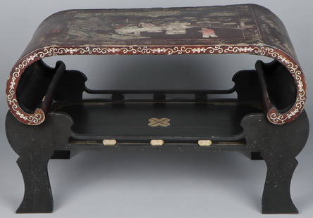 Chinese Coromandel Scroll End Table Stand, 19th C.: Chinese Coromandel Scroll End Table Stand with Base, 19th C. Size: 11'' x 41'' x 22'' (28 x 104 x 56 cm). Height on stand: 26'' (66 cm).