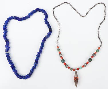 Two Antique Necklaces: Two Antique Necklaces. Including 1) a strand of 18th C. annular Dutch Dogon Trade Beads. Such cobalt blue beads were made in Europe and used as currency in African, particularly among the Dogon