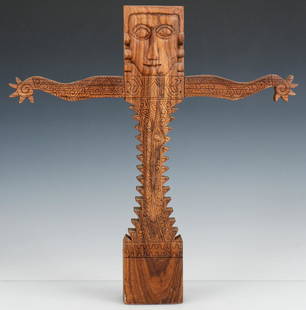 Traditional Tanimbar Islands Carved Wood Figure, Indonesia.: Traditional Tanimbar Islands Carved Wood Figure, Indonesia. Size: 22'' x 21.5'' x 2.5'' (56 x 55 x 6 cm).