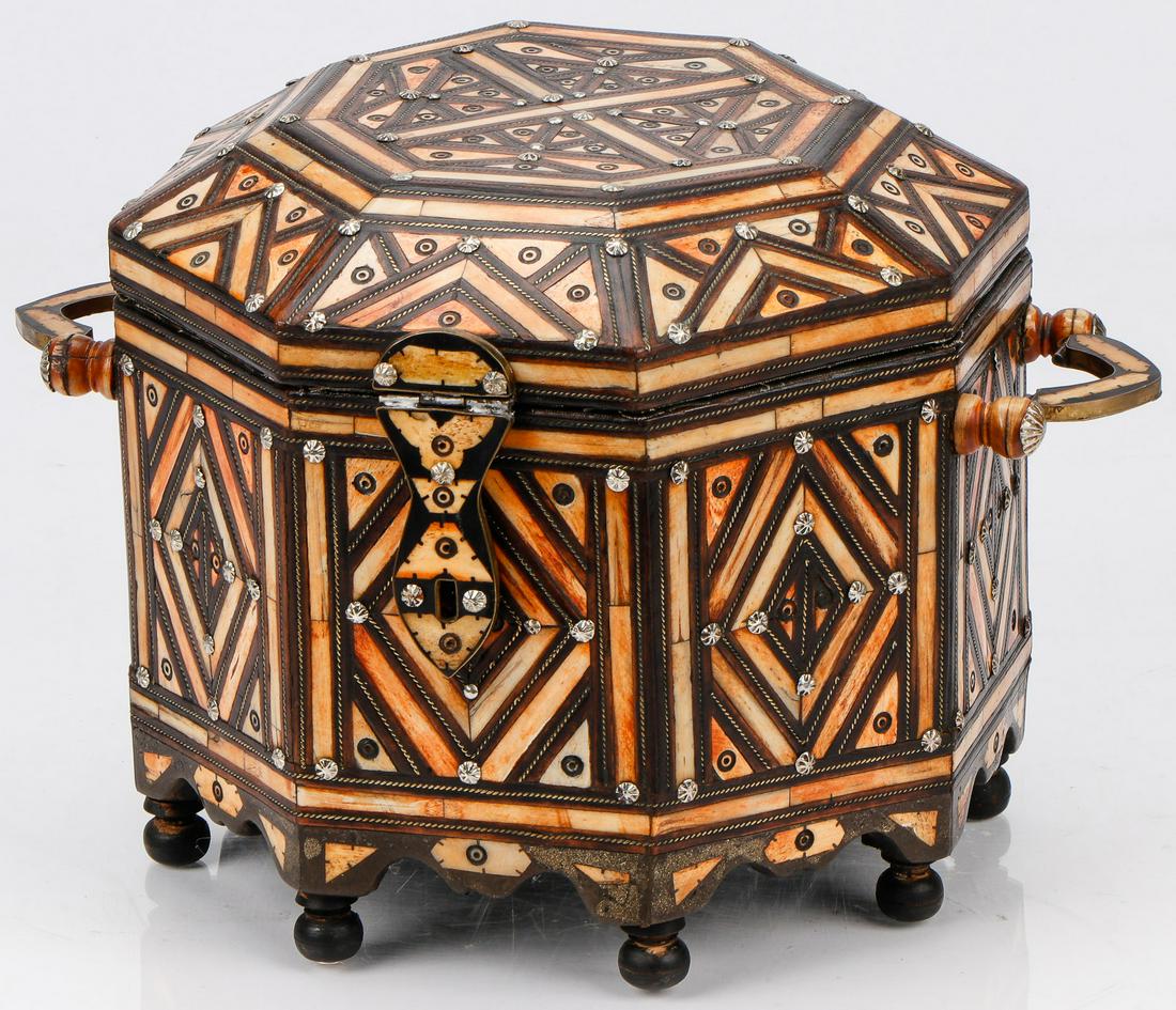 North African Octagonal Covered Box: North African Octagonal Covered Box. Carved wood and bone inlay. Size: 11'' x 13'' x 13'' (28 x 33 x 33 cm). Ex. Collection William and Diane Bousquette, Purchase, New York.