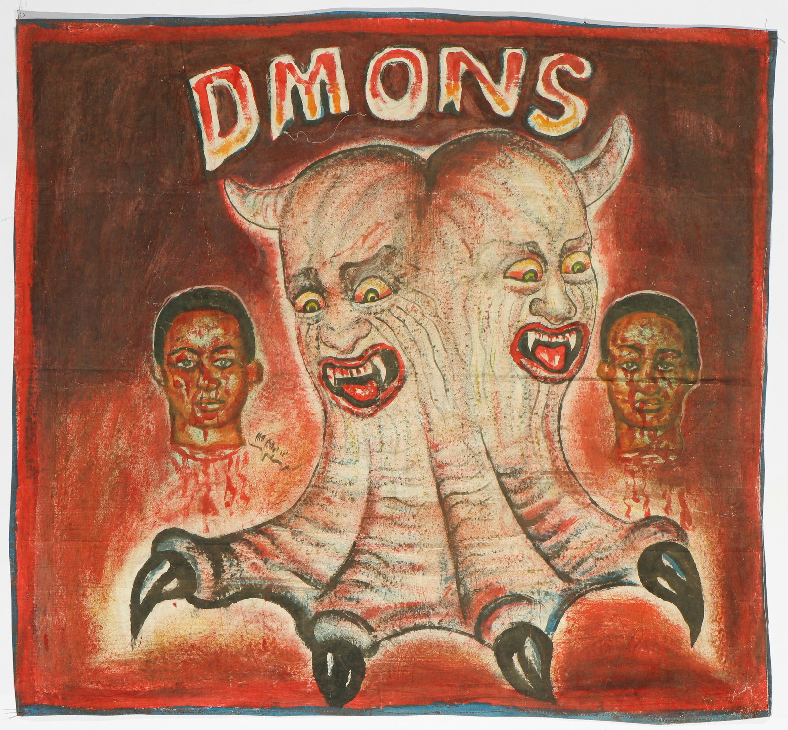 African Folk Painted Cinema Poster, Ghana: African Folk Painted Cinema Poster, Ghana by Mr. Brew (Kwesi Blue). "Dmons," oil on repurposed flour sack. Unstretched and unframed. Size: 39'' x 42'', (99 x 107 cm).