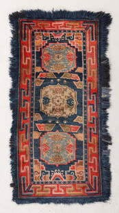 Khaden Rug, Tibet, Ca. 1900, 2'7'' x 5'5'': Khaden Rug, Tibet, Ca. 1900, 2'7'' x 5'5'' (79 x 165 cm). Weight: 9 lbs. Material: wool pile, wool warp, wool weft.