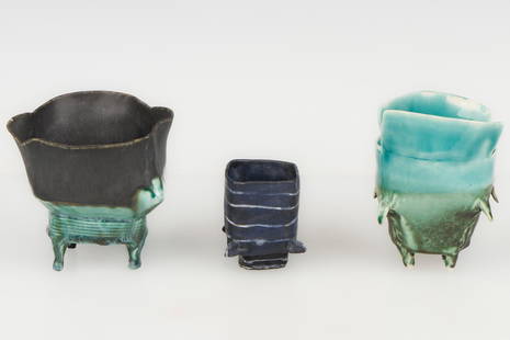 3 Art Pottery Vessels by Jill Bonovitz (20th/21st C.): 3 Art Pottery Vessels by Jill Bonovitz (20th/21st C.) One signed: JB. Size: ranging from 3.75'' x 2.25'' x 3.5'' (10 x 6 x 9 cm) to 4.5'' x 4.75'' x 4.75'' (11 x 12 x 12 cm).