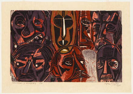 Francisco Amighetti (Costa Rican, 1907-1998) "Mascaras y Hombres," 1975: Francisco Amighetti (Costa Rican, 1907-1998) "Mascaras y Hombres," 1975, color woodcut, signed, titled and dated. Size: 19'' x 27'', 48 x 69 cm (sheet); 23'' x 30.5'', 58 x 77 cm (overall).