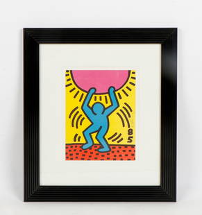 Keith Haring (1958-1990) "International Youth Year": Keith Haring (American, 1958-1990) "International Youth Year", 1985, color lithograph, signed and numbered, from an edition of 1,000. Blindstamps lower right. Published by Emiliano Sorini Studio, New