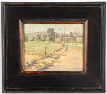 Ernie Dollman (American, 20th/21st C.): Ernie Dollman (American, 20th/21st C.) "Santa Paula Tracks," oil on board, signed. Framed. Size: 8'' x 10'', 20 x 25 cm (board); 14.5'' x 16.5'', 37 x 42 cm (frame).